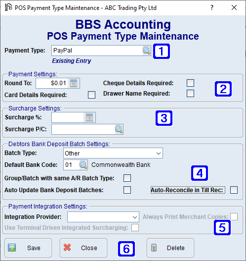 POS Payment Type Maintenance Screen