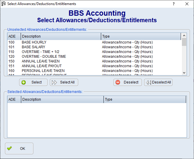 Select Allowances/Deductions/Entitlements Screen Select Allowances/Deductions/Entitlements Screen