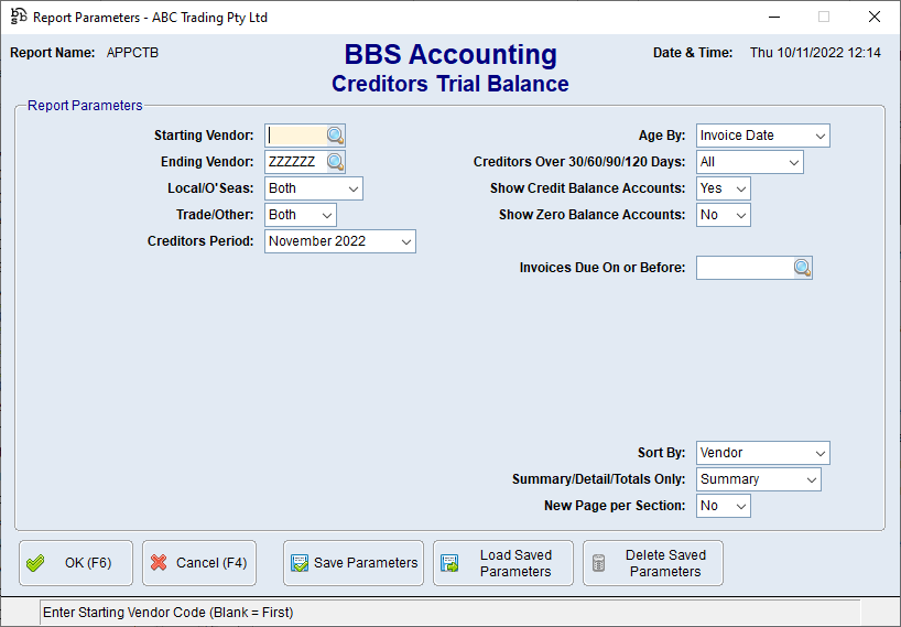 Creditors Trial Balance Screen 