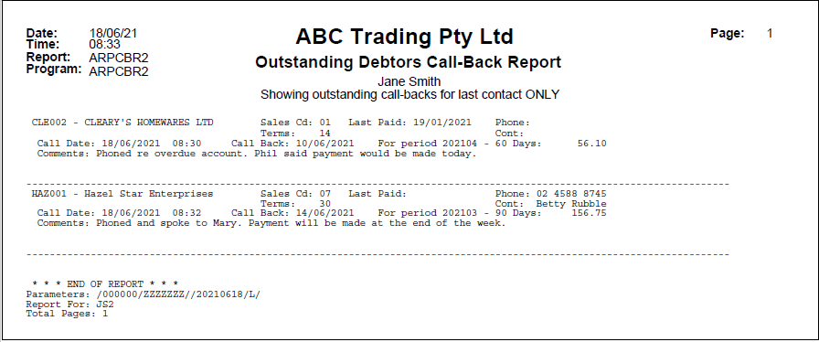 Example of Outstanding Debtors Call-Back Report Example of Outstanding Debtors Call-Back Report