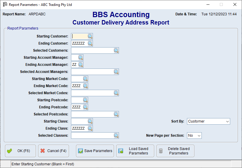 Customer Delivery Address Report Screen Customer Delivery Address Report Screen