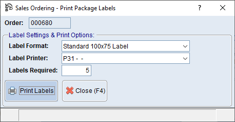 Sales Ordering - Print Package Labels Screen Sales Ordering - Print Package Labels Screen