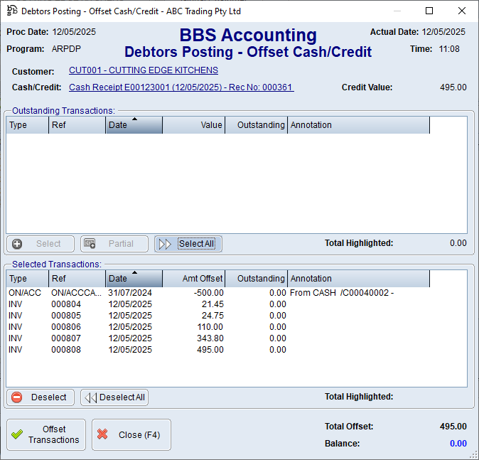 Debtors Posting - Offset Cash/Credit Screen Debtors Posting - Offset Cash/Credit Screen