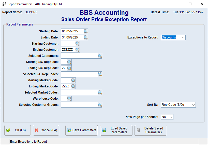 Sales Order Price Exception Report Screen