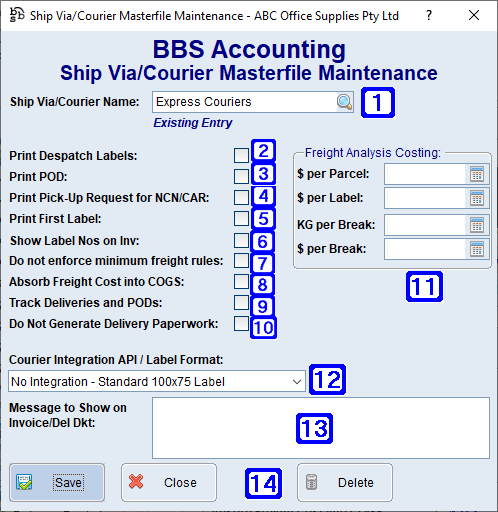Ship Via/Courier Masterfile Maintenance Screen