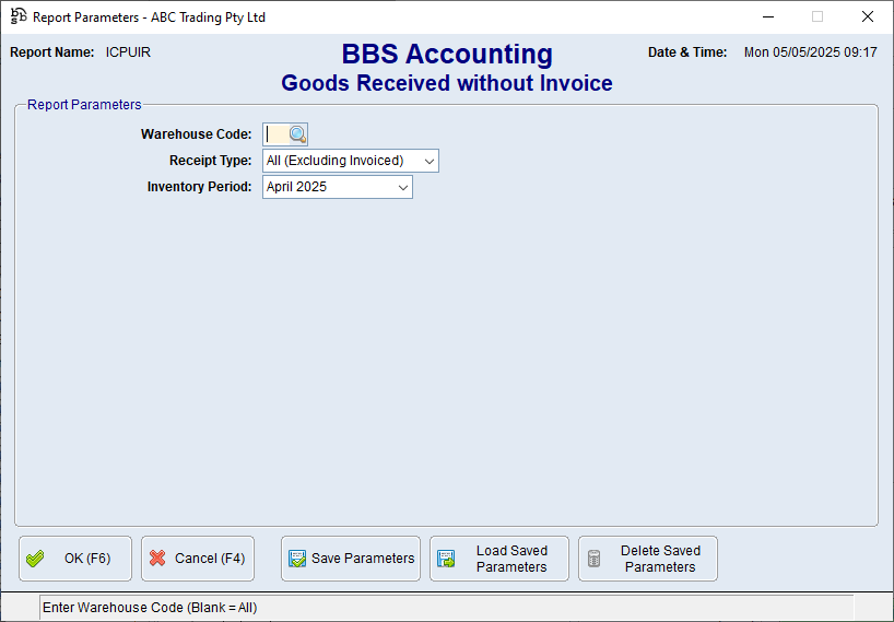 Goods Received Without Invoice Report Screen