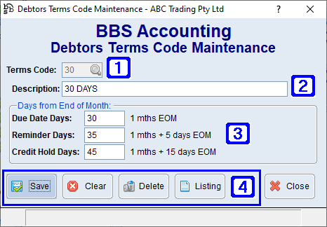 Debtors Terms Code Maintenance Screen